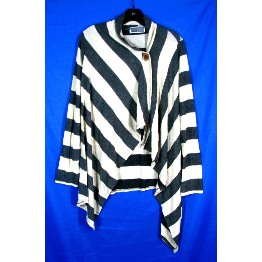 CHERISH Sweater Cardigan GRAY/CREAM STRIPES Very Soft ONE BUTTON SEMI-OPEN sz S